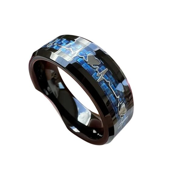Tungsten Steel Carbide & Blue Carbon Inlay Heartbeat EKG Design statement Ring - Picture 4 of 4